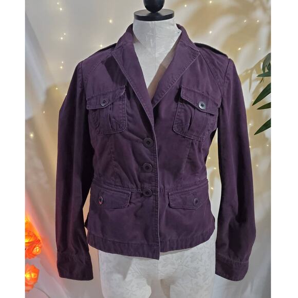 Ann Taylor LOFT Womens Purple Button Twill Blazer Jacket Size 4 Utility Cargo - Picture 1 of 12